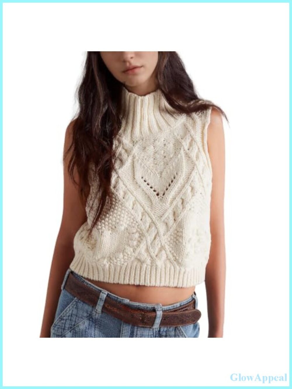 Crochet Sleeveless Turtleneck Sweater Vest Cotton Knit Relaxed Fit